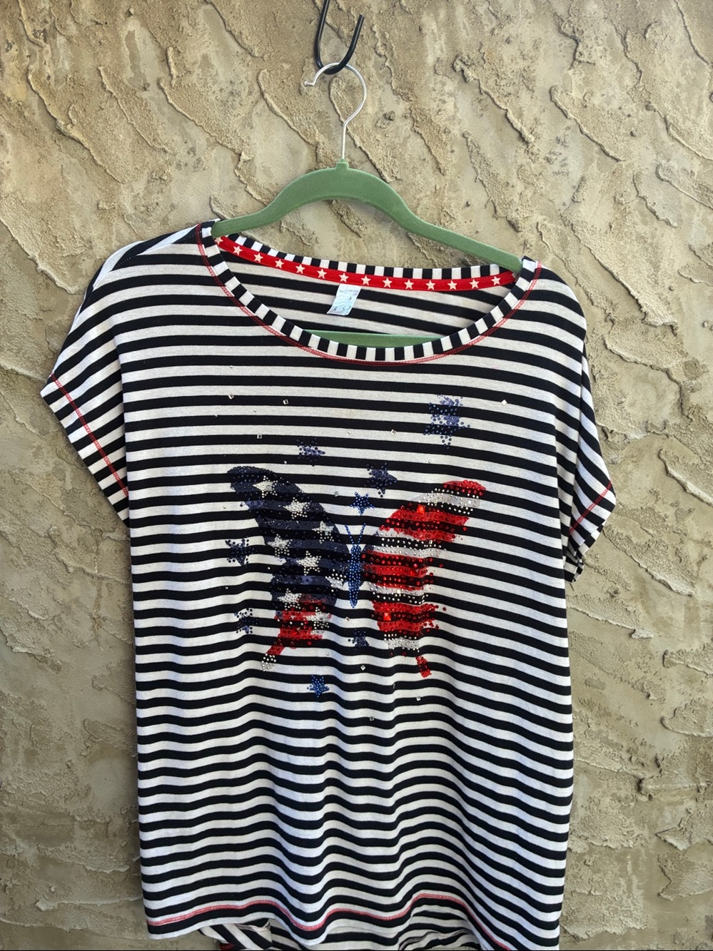 Nautical Navy Blue and White Striped Top Bedazzled Butterfly Design PM